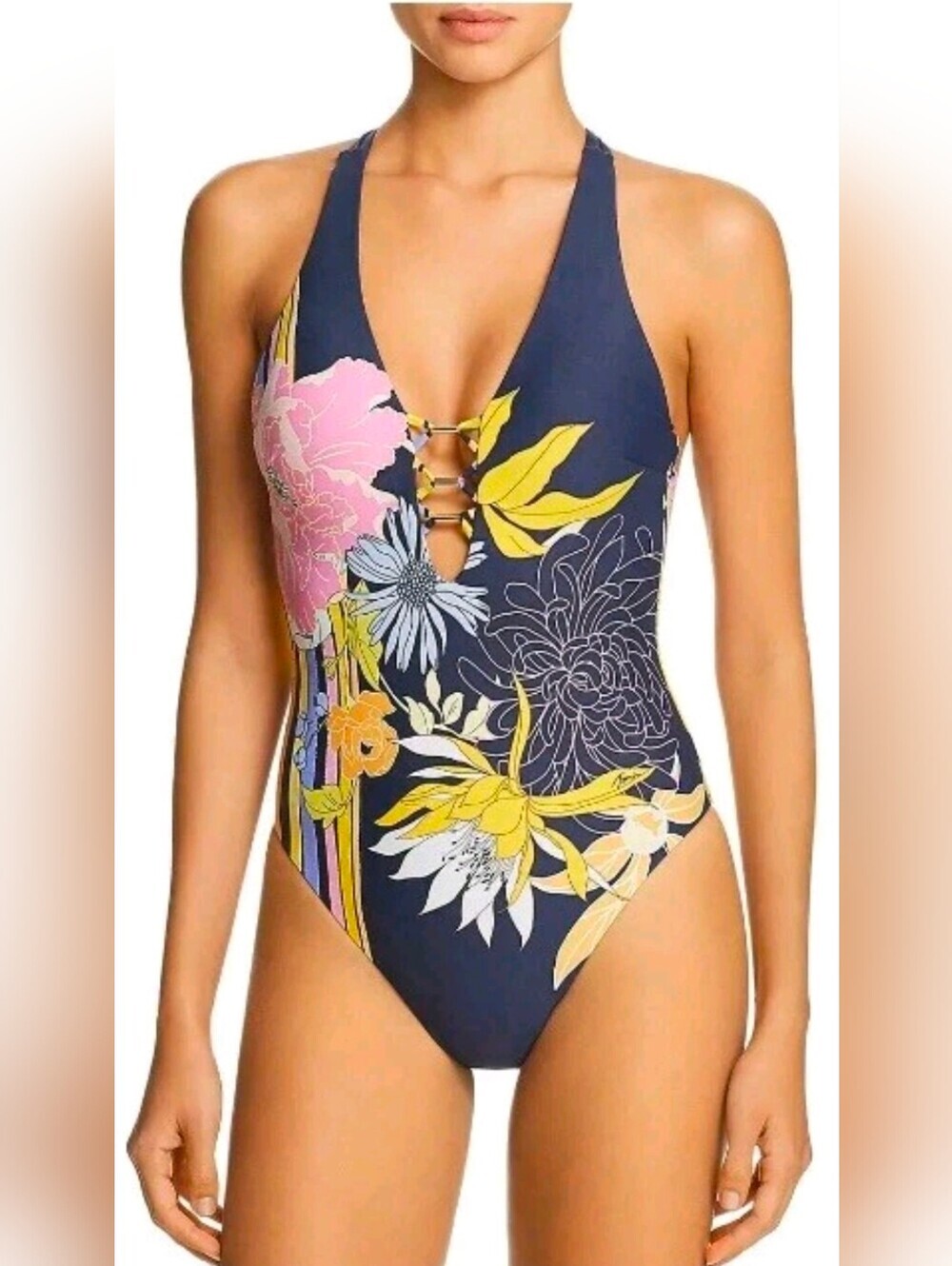 Trina Turk Navy Floral One-Piece Swimsuit with Pink & Yellow Accents